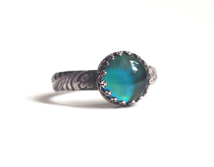 Medium Mood Ring with Floral Band in Antiqued Sterling Silver