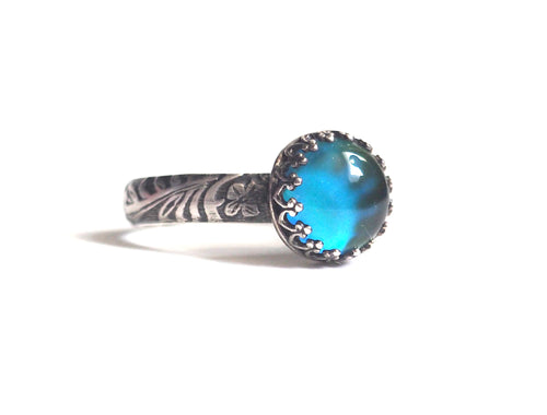 Medium Mood Ring with Floral Band in Antiqued Sterling Silver