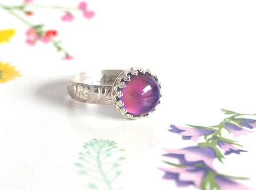 Medium Crown Mood Ring with Floral Band in Sterling Silver